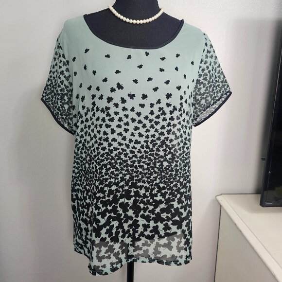 Krizia Sage Green & Black Clover Print Design Ombré Blouse - Size XL - Picture 2 of 7
